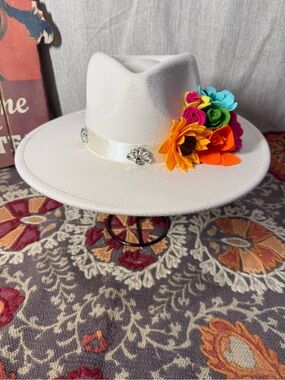 White Women's Felt Fedora Hat with Colorful Flower Accents